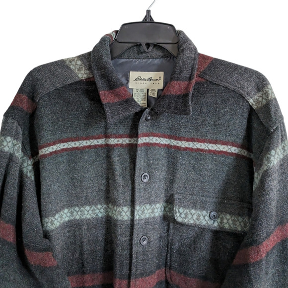 Vintage Eddie Bauer Gray Striped Button Down Wool Shirt Jacket Large - Picture 4 of 5
